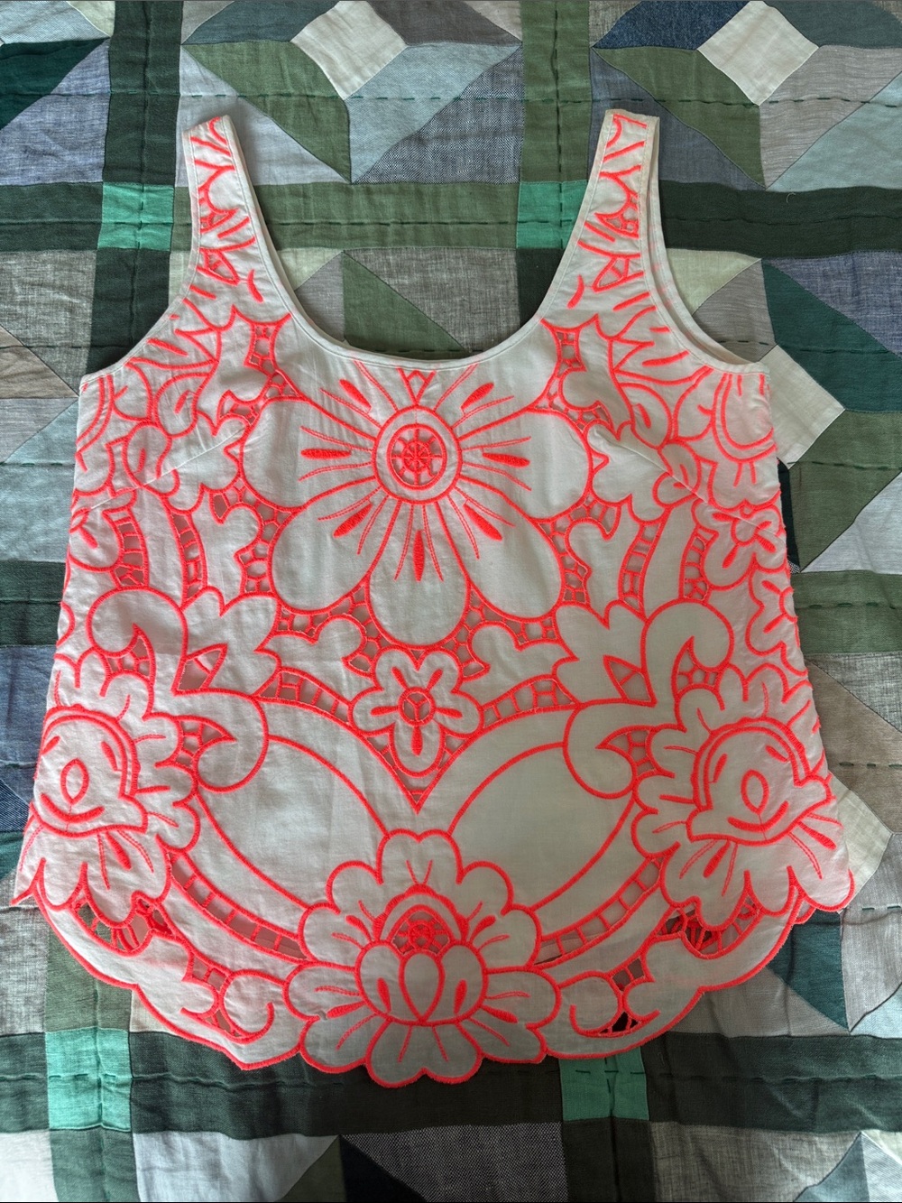 Milly White Tank with Neon Coral Embroidery